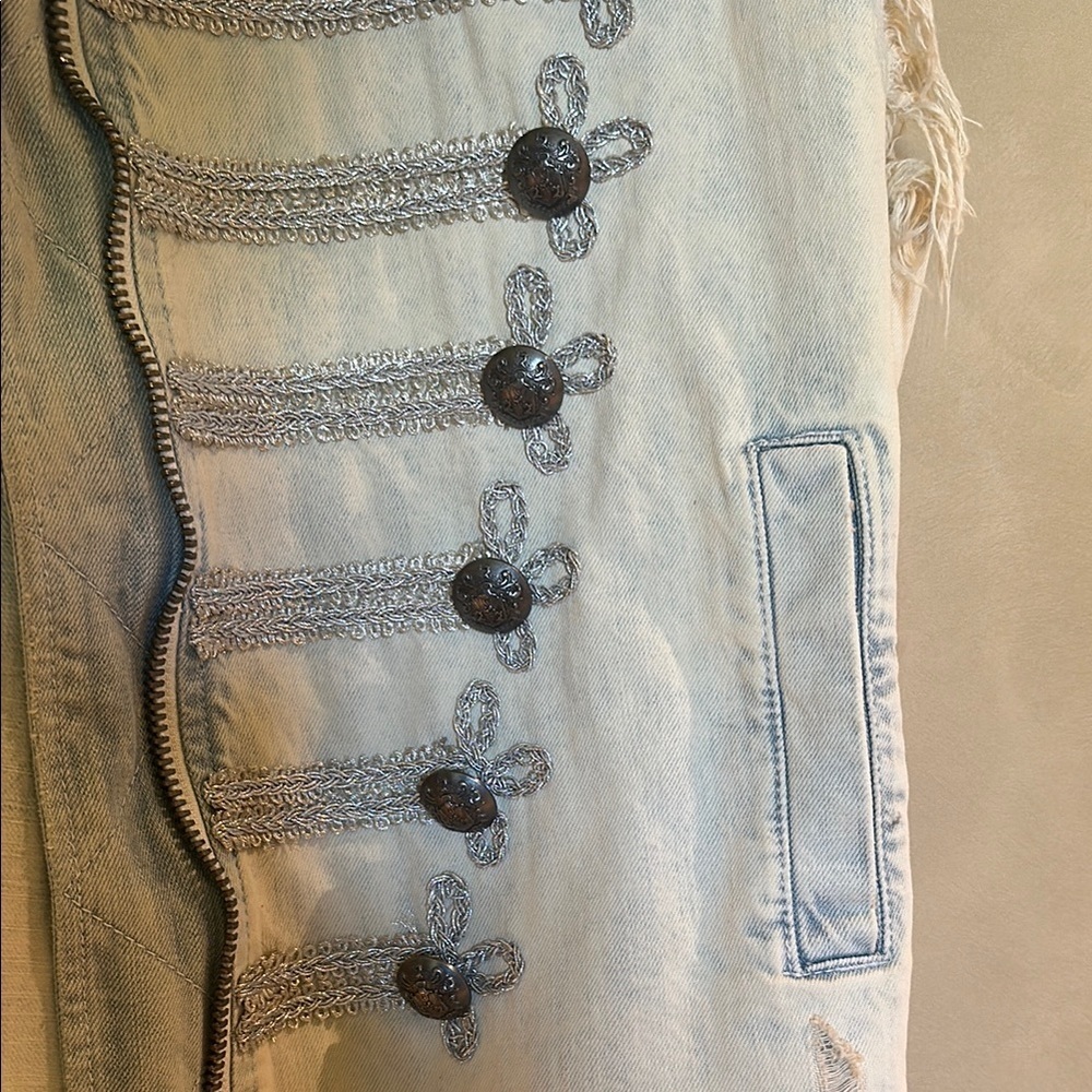 Free People Light Wash Denim Military-Style Sleeveless Vest with Braided Trim - Picture 4 of 4